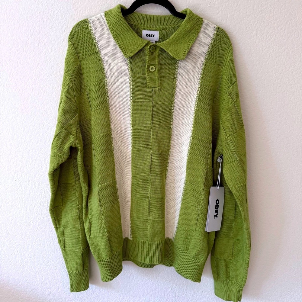 Obey Albert Polo Sweater Mens Size L Tarragon Green Multi Striped Textured Knit